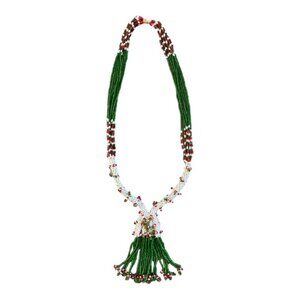 Multi Strand Red, Green, White Beaded Tassel Tribal Style Necklace 20” Drop